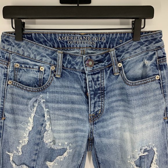 American Eagle Jeans Boy Crop Button Fly Blue Distressed Denim - Picture 2 of 12